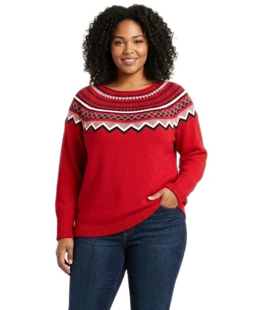 CHAPS Women's XXL Red Fair Isle Knit Sweater Holiday Christmas Pullover Crewneck